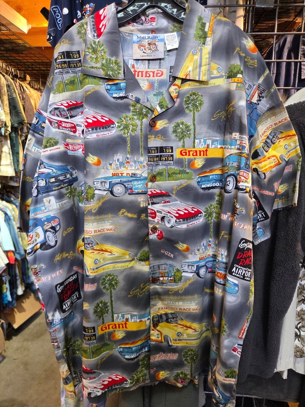 Vintage Gray Racing Print Button-Down Shirt with Red, Yellow and Blue Accents
